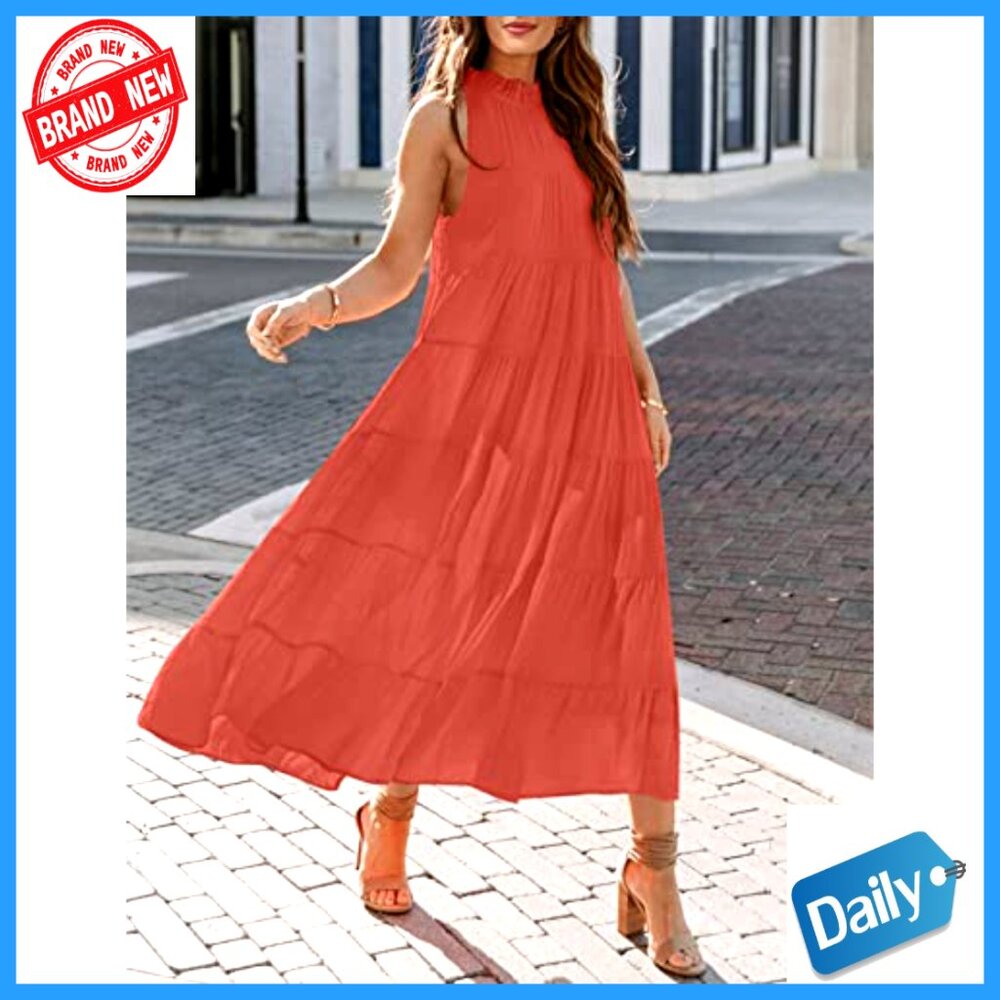 Sleeveless Halter Midi Maxi Dress Loose Fit Pleated Tiered Flowy Boho Beach - Picture 2 of 7